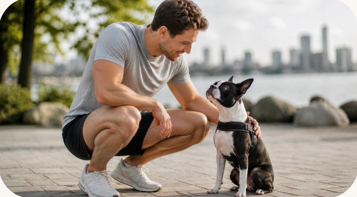 A man crouching to greet his Boston Terrier on a city waterfront